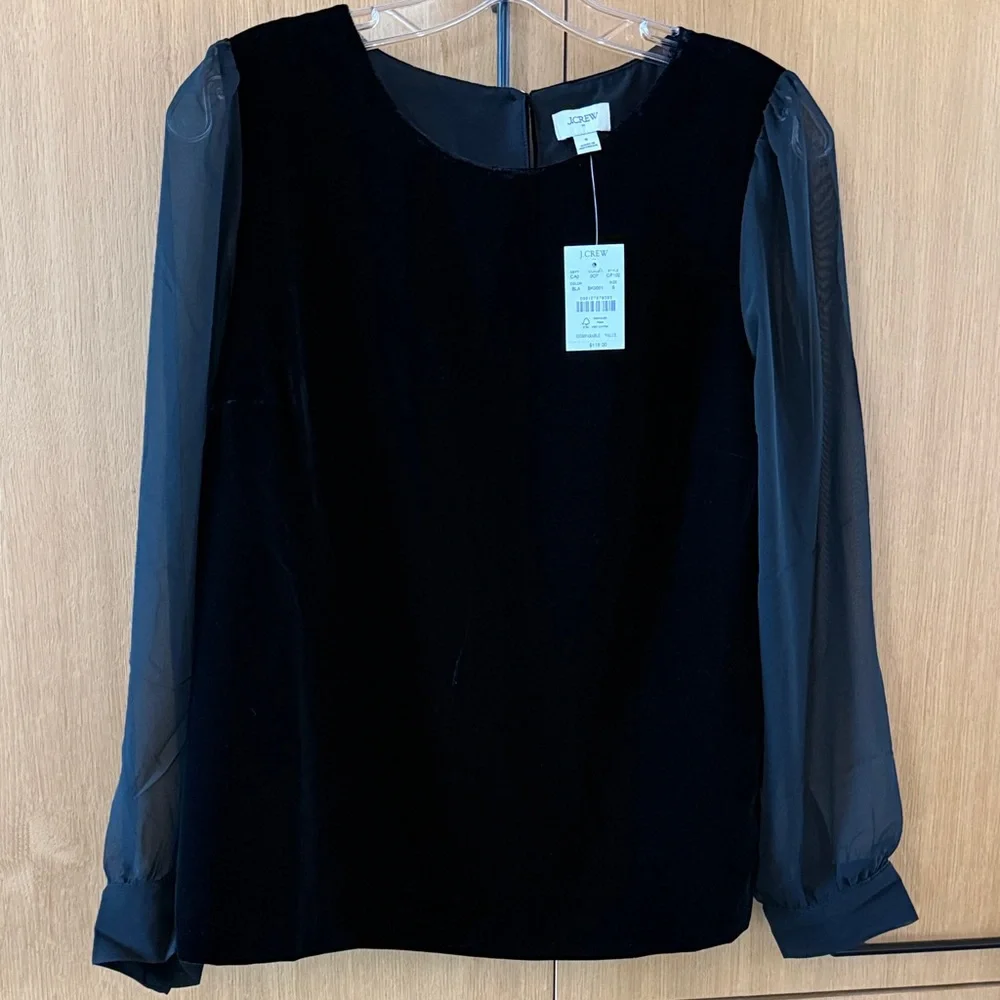 J. CREW Velvet puff-sleeve Sheer Long Sleeve top Black Color size Small NWT